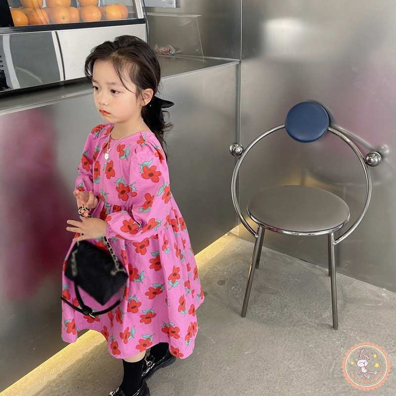 Đầm Tay Dài Cổ Tròn In Hoa Cho Bé Gái