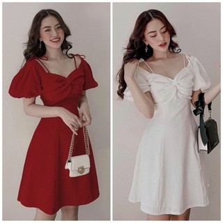 Đầm dự tiệc đỏ trắng xoắn ngực nơ vai