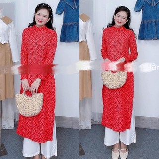 Set áo dài gấm hoa kèm quần ống rộng
