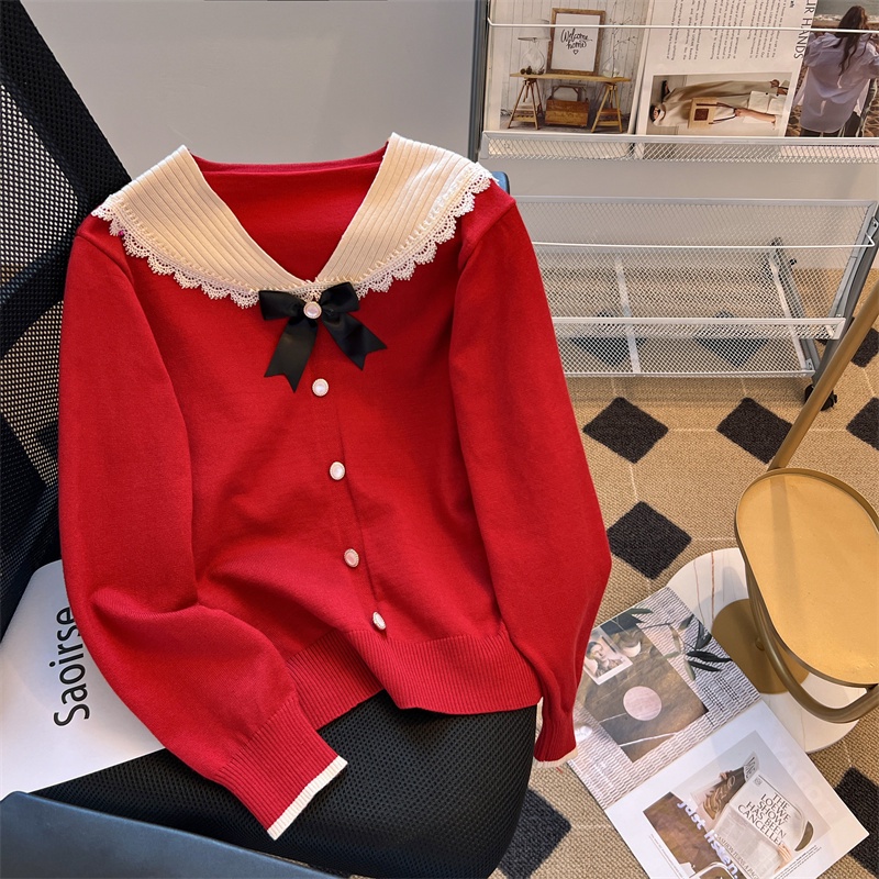 Áo Khoác cardigan Dệt Kim Cổ Búp Bê Phối Ren Thời Trang Thu Đông Cho Nữ