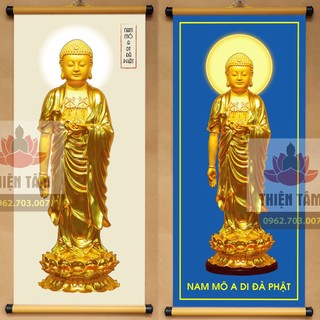 [NHIỀU KÍCH THƯỚC] Tranh Phật A Di Đà khổ lớn bằng vải phủ bóng cao cấp dày dặn