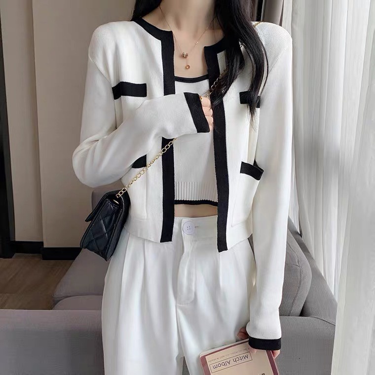 Set Bộ Len Mongtoghi 2 Món Áo Ba Lỗ Và Áo Khoác Viền Dài Tay Cổ Tròn Có Túi Phong Cách Hàn Quốc eoodoo AO NU 007A3
