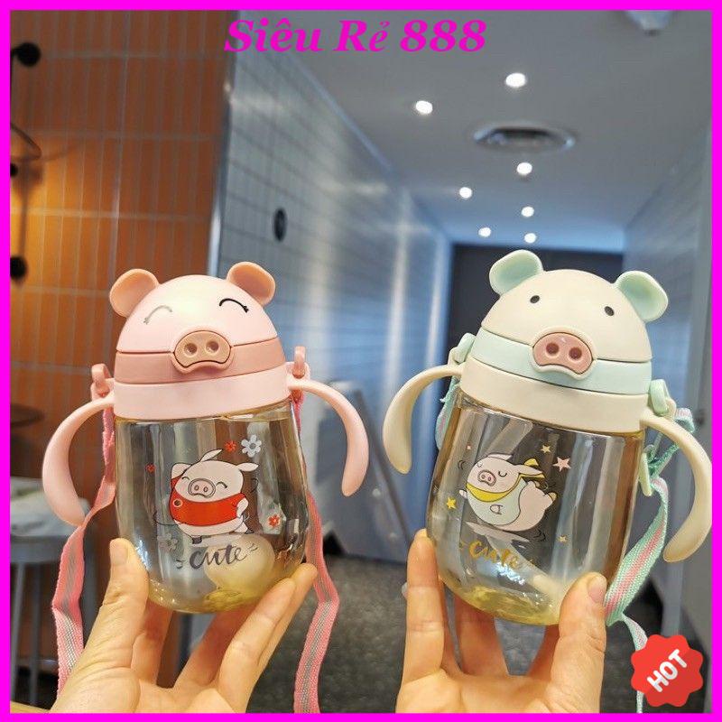 ⚡ Bình tập uống nước Heo xinh 350ml (có tay cầm, van chống sặc, dây đeo tiện dụng)
