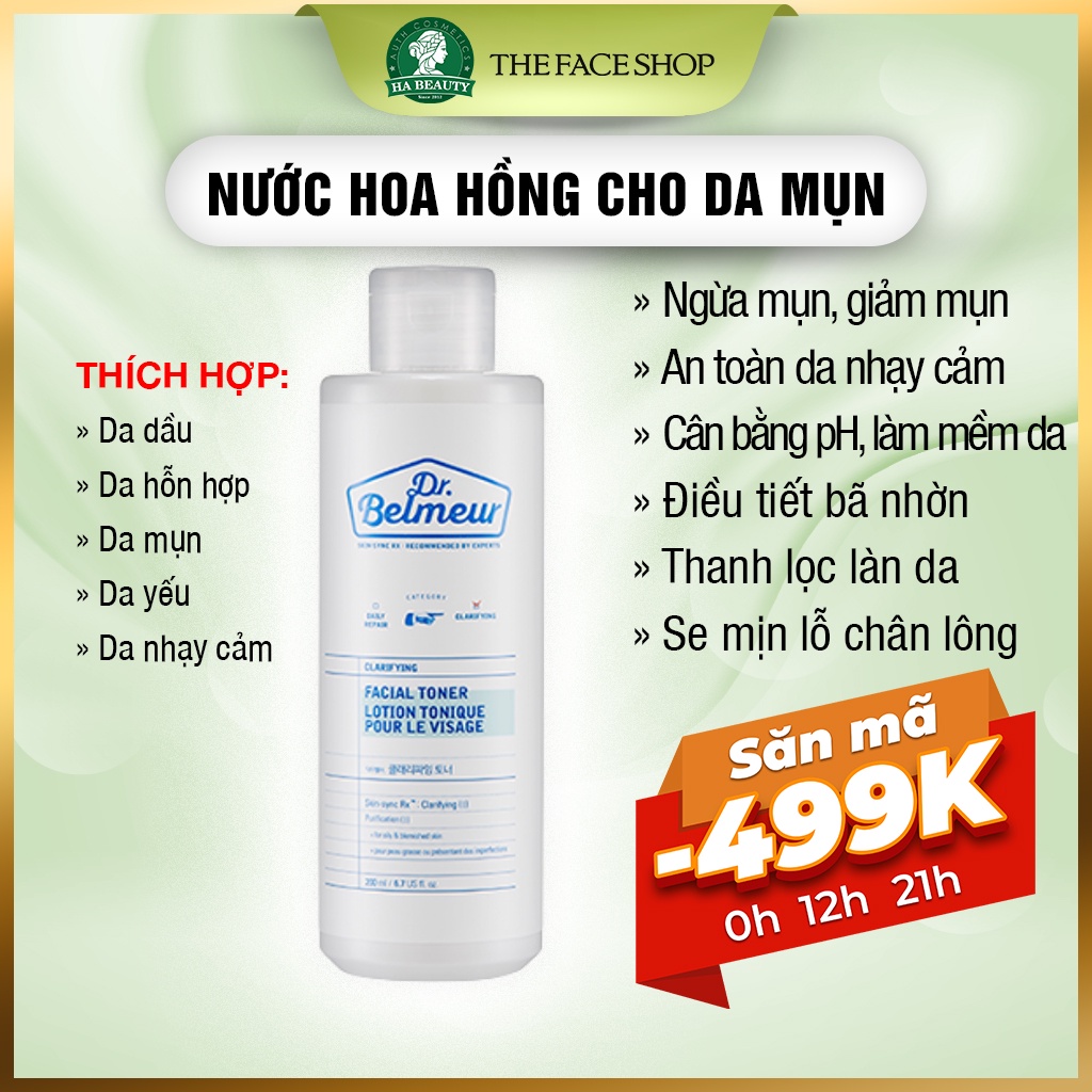 Nước hoa hồng cho da mụn thích hợp cả da dầu hỗn hơp da nhạy cảm The Face Shop Dr Belmeur Clarifying Facial Toner 200ml