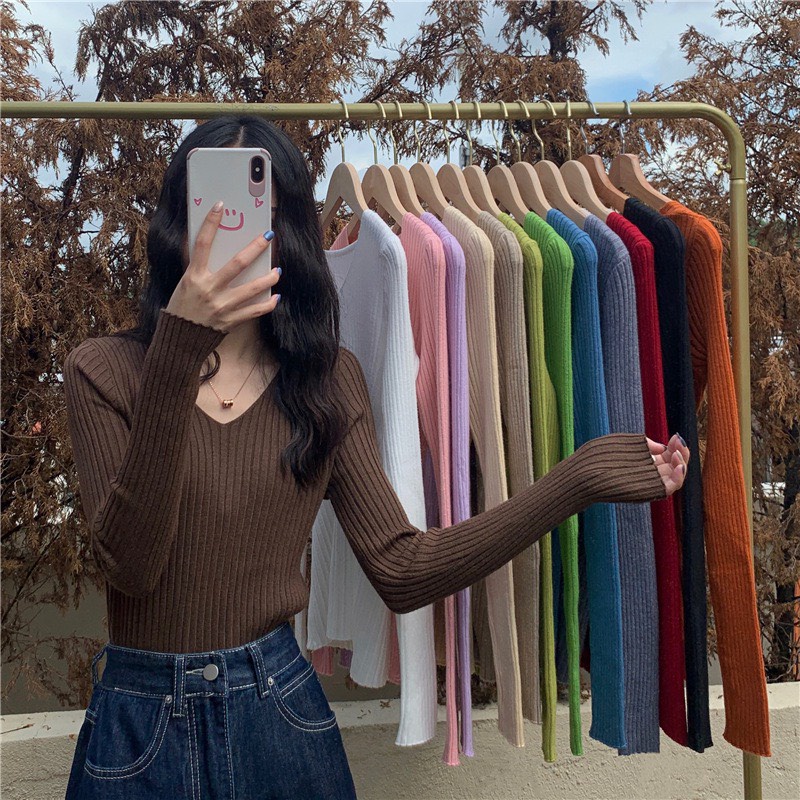 Áo Tăm Len Cổ Tim Tay Dài Hàng Quảng Châu Loai 1