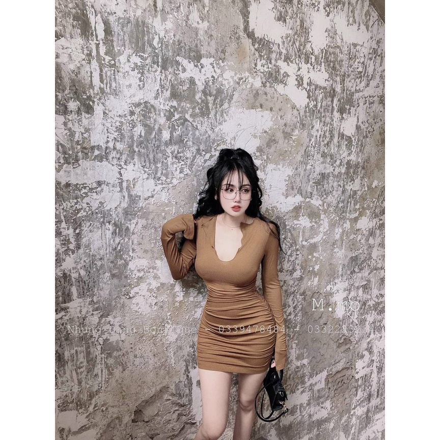Đầm thun nữ body dáng ngắn hot kiểu cổ chữ V tay dài ống loe