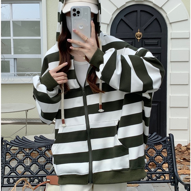 Áo hoodie SUXI tay dài dáng rộng kẻ sọc thời trang mùa thu cho nữ