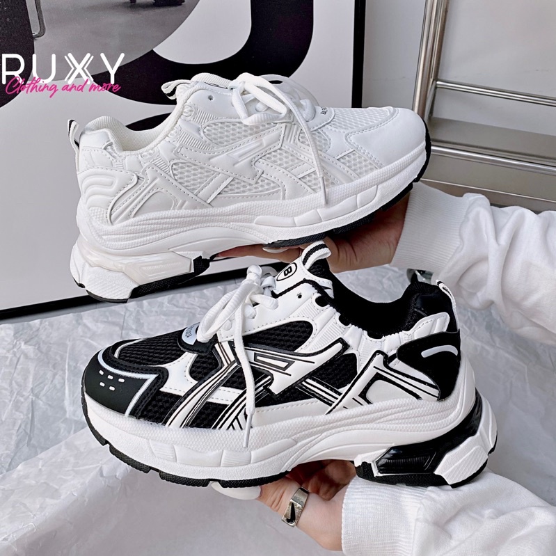 Giày Sneaker Thể Thao Nữ Cao Cấp Đế Lượn Pha Lưới Trắng Đen Cổ Thấp