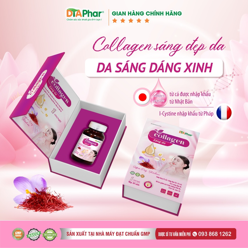 Viên uống Collagen DTAPhar hỗ trợ sáng đẹp da, tăng cường độ ẩm đàn hồi Hộp 30 viên