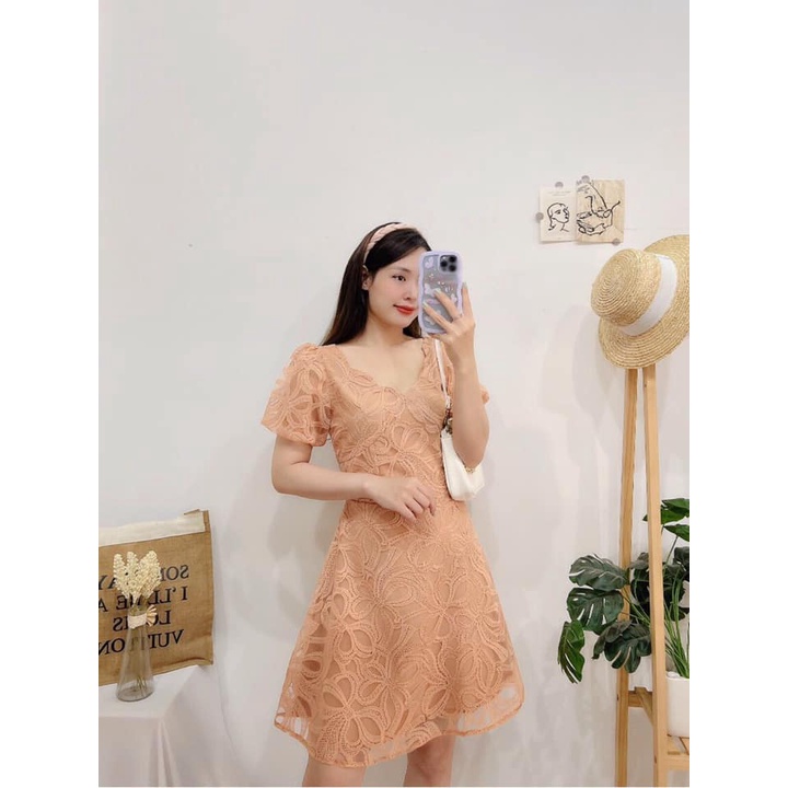 ĐẦM VÁY REN NƠ CỔ LƯỢN - Hình Shop Chụp