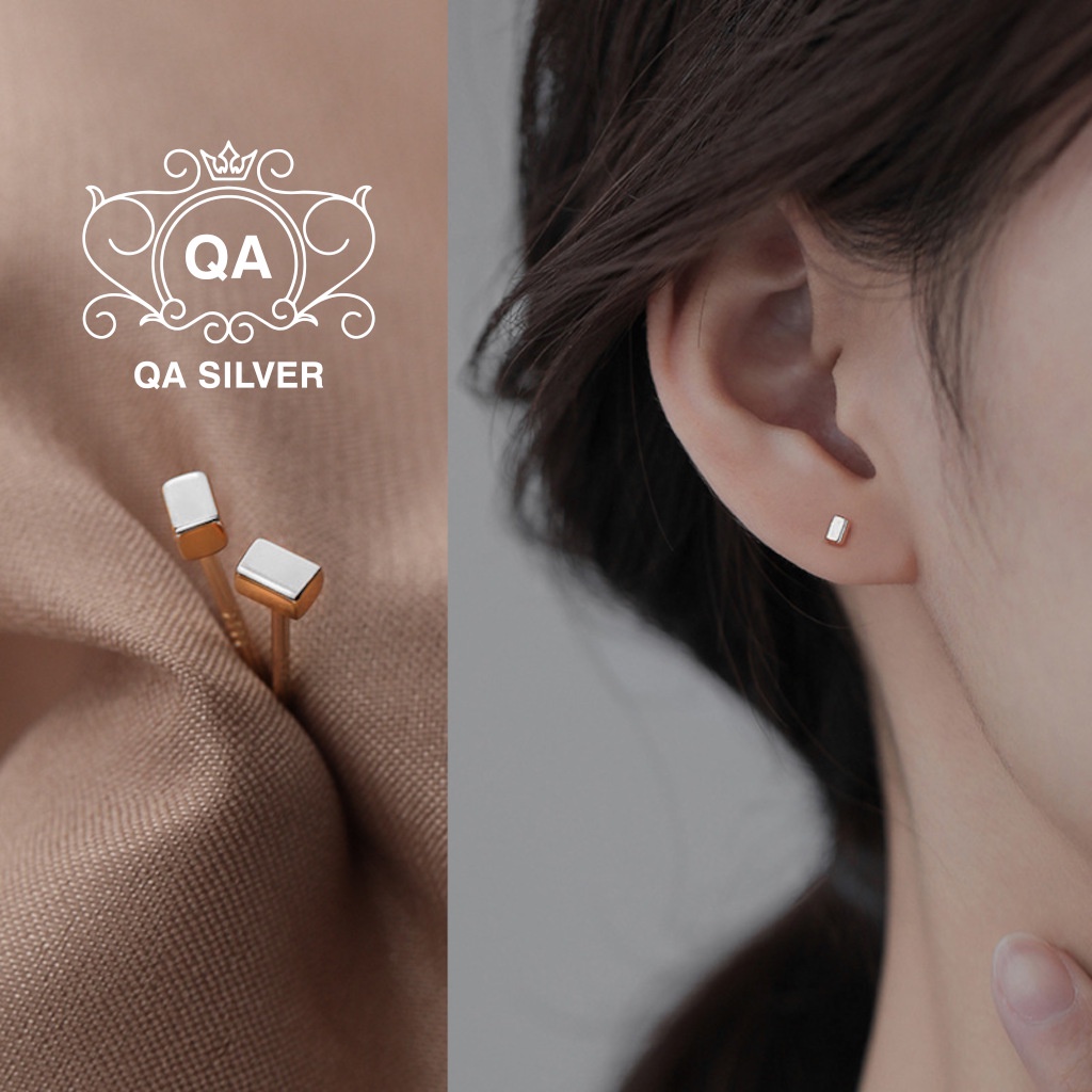 Khuyên tai bạc 925 khối hình hộp chữ nhật chốt bi vặn bông nam nữ tối giản S925 MINIMAL QA SILVER Earrings EA220906