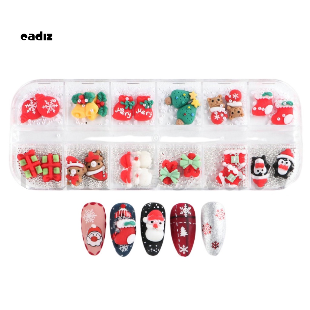 1 Hộp 12 Ngăn Đựng Phụ Kiện Trang Trí Móng Tay Hoạt Hình Giáng Sinh Lâu Trôi Không Gây Kích Ứng