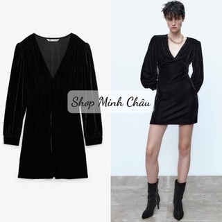 (Sẵn) Váy nhung cổ V chiết ngực tay bồng Zarraa