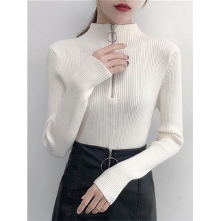 Áo Len Tăm Body Dài Tay Cổ Trụ Kéo Khóa Cho Nữ