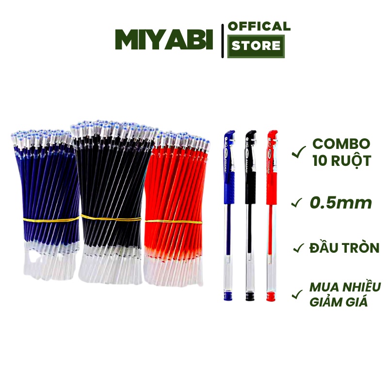 Ruột bút gel ngòi 0.5mm - 10 cái - màu xanh , đen , đỏ - Ruột bút mực gel cao cấp - MIYABI STORE