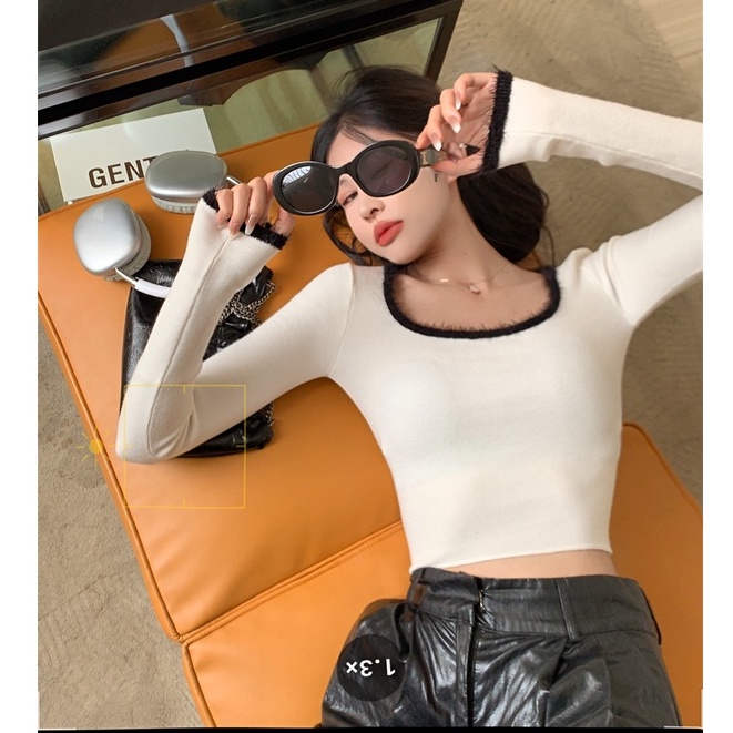 Áo croptop QKOOLE dệt kim tay dài cổ vuông kiểu Hàn Quốc xinh xắn cho nữ