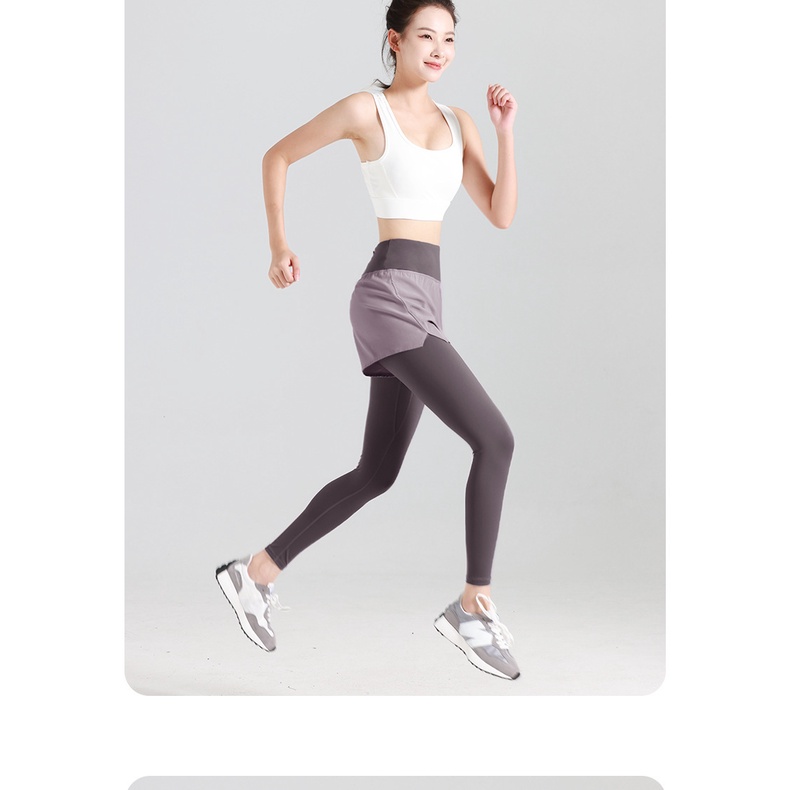 Quần Legging Thể Thao Giả Hai Lớp Lưng Cao Co Giãn Có Túi Dành Cho Nữ