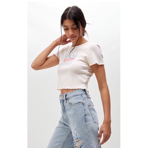 Áo croptop ôm xoăn lai thun bo gân in Miami Beach, 2 màu