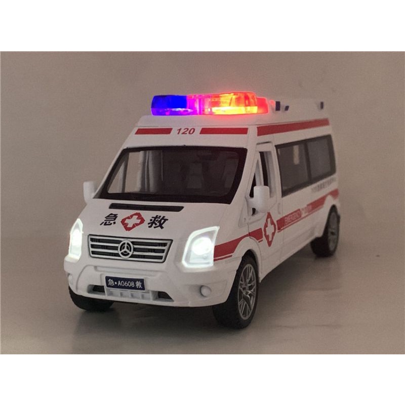 Mô hình xe cứu thương kim loại âm thanh đèn mở 5 cửa có cán cứu thương
