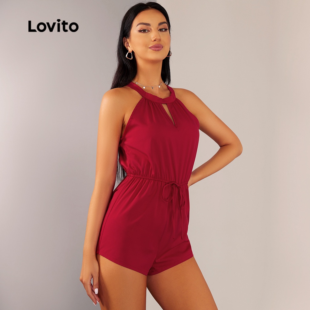 (Hàng có sẵn) Lovito Bộ Áo Liền Quần Eo Chun Buộc Dây Thanh Lịch Cho Nữ L20D1552 (Màu Đỏ )