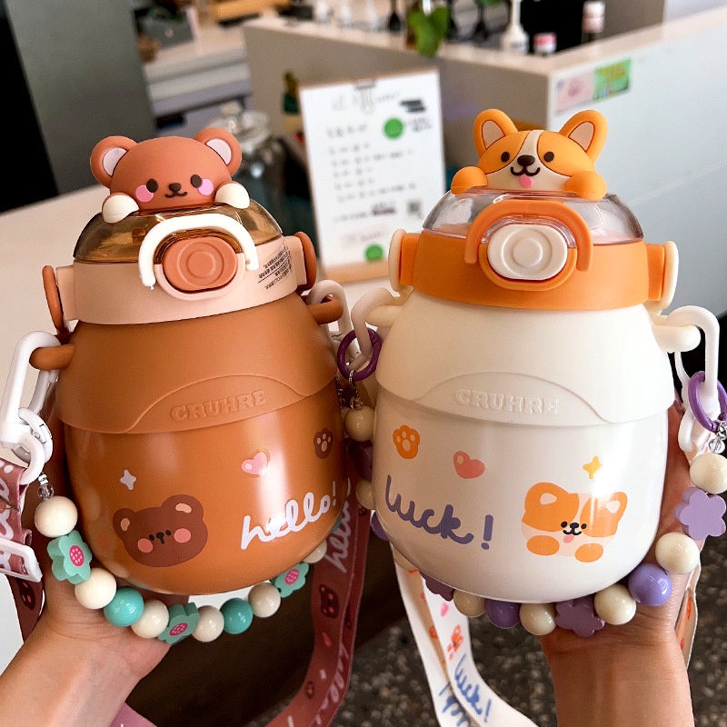 Bình Nước Giữ Nhiệt 780ml / 1000ml Bằng Thép Không Gỉ 316 Họa Tiết Hoạt Hình Có Dây Đeo Chéo Cho Học Sinh