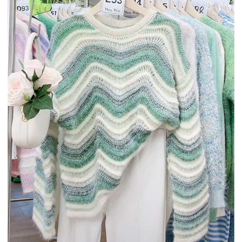 Áo Sweater Dệt Kim Dáng Rộng Viền Gợn Sóng Màu Cầu Vồng Mềm Mại