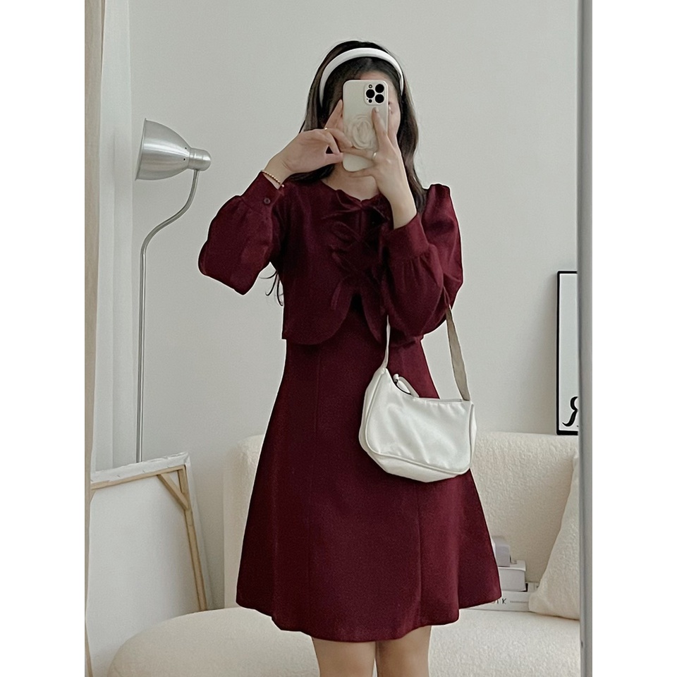 Đầm Nữ Tiểu Thư Tay Dài Váy Liền Giả Set Kiểu Nơ Trước Ngực Phù Hợp Với Mọi Lứa Tuổi Đ16101
