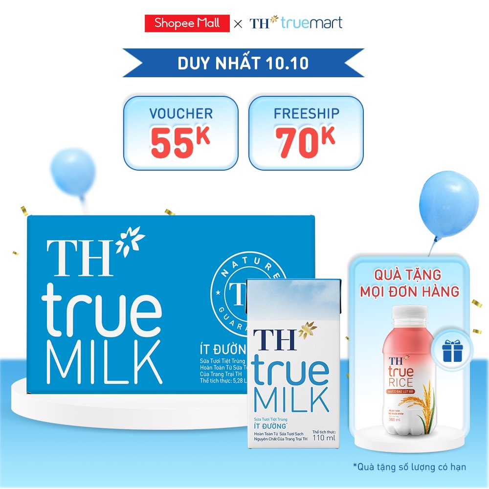 Thùng 48 hộp sữa tươi tiệt trùng ít đường TH True Milk 110ml (110ml x 48)