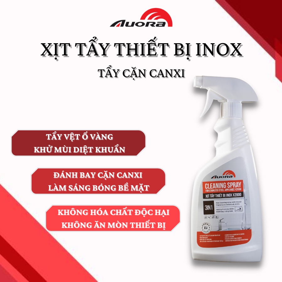 Xịt tẩy thiết bị inox tẩy cặn canxi AUORA 500ml vệ sinh nhà tắm nhà bếp vệt ố vàng vòi sen bồn rửa, vách kính