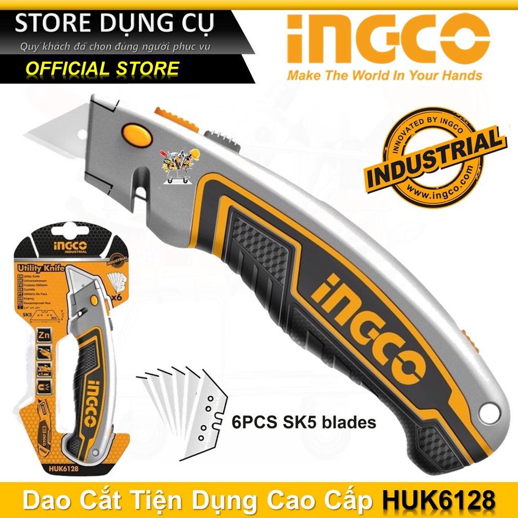 Dao rọc giấy cao cấp INGCO HUK6128 | Dao cắt rọc đa năng kèm 5 lưỡi dao thép SK5 (Chính hãng)