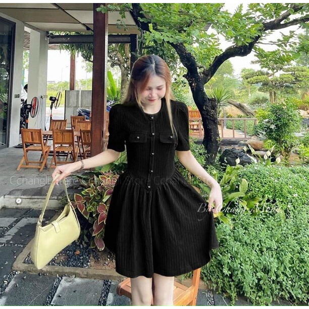 [11.11 Sale Freeship] Đầm tiểu thư nữ,thun gân đính nút dáng xòe xếp ly với hai màu tôn da xinh xắn đáng yêu cho cácnàng