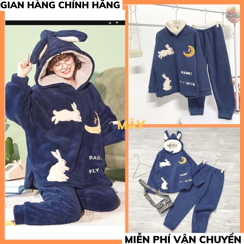 Bộ đồ ngủ bông, pijama, quần áo mặc ở nhà dài tay mùa đông có mũ chất lông mềm mịn hình cute dày dặn siêu ấm
