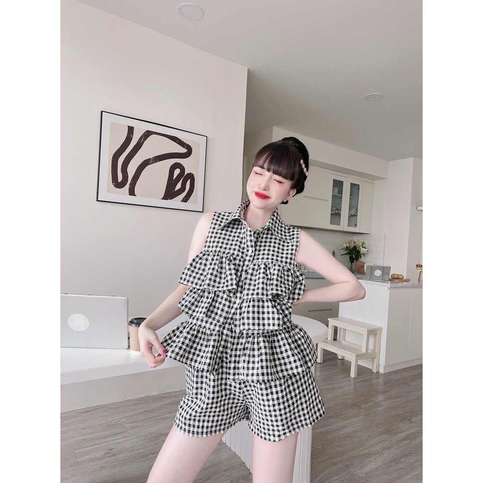 (FreeShip 2022) Sét bộ caro đùi ,bộ đũi xốp thiết kế tầng cổ sơ mi,chất đẹp diện lên siêu dễ thương