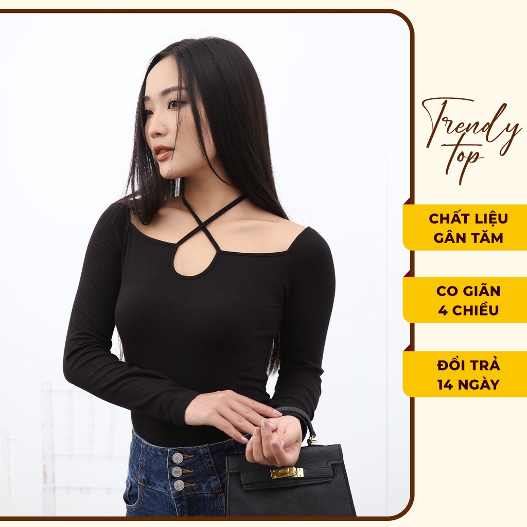 Áo thun tay dài - Áo kiểu nữ hở vai dây phối chéo ngực sexy AT17, TRENDY TOP