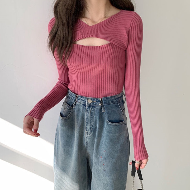 Áo Sweater Dệt Kim Tay Dài Màu Sắc Đơn Giản Thời Trang Mùa Thu Cho Nữ