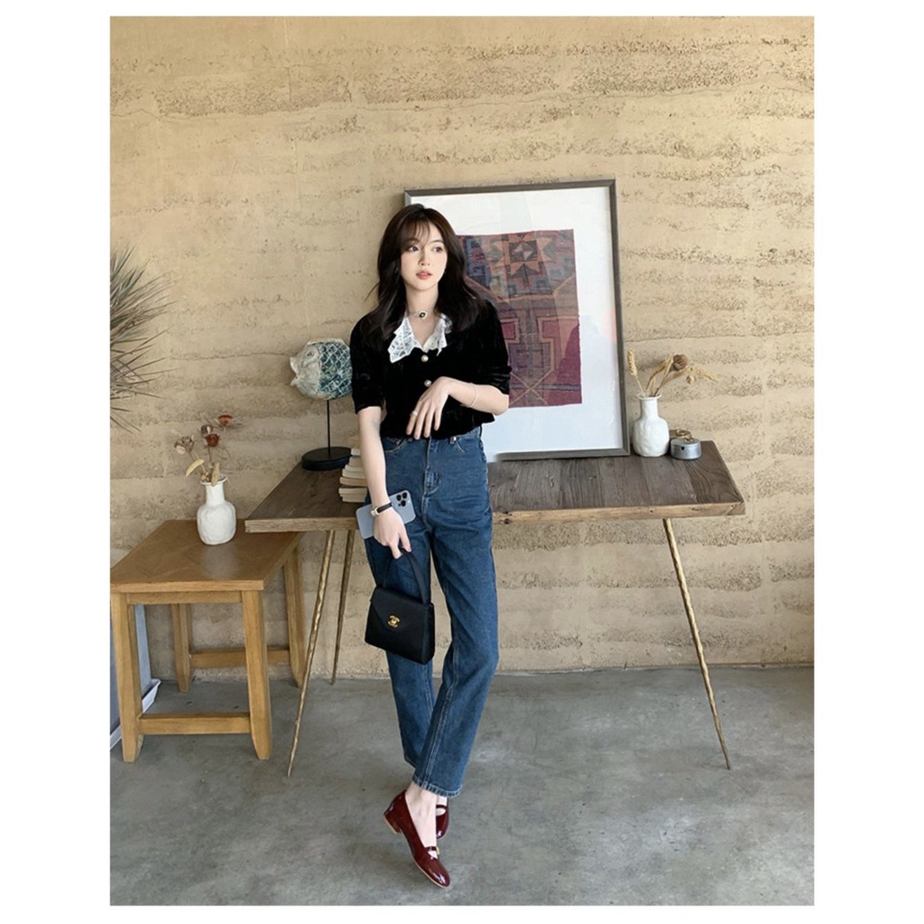 Giày đế bằng giày búp bê tiểu thư mũi nhọn quai ngang đính hoa đế cao 2,5 cm phong cách sang chảnh hàng hót thu đông