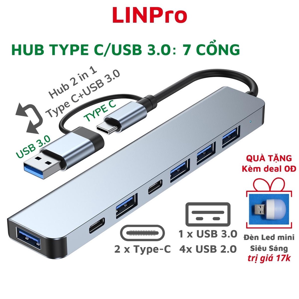 Cổng chia usb 3.0/Hub type C all in 1 Hub usb mở rộng 7 cổng kết nối đa năng cho máy tính laptop và pc - LINPRO