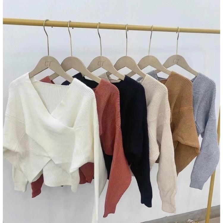 Áo len xoắn vạt chéo trễ vai sang chảnh chất len dày dặn Áo Sweater Trễ Vai