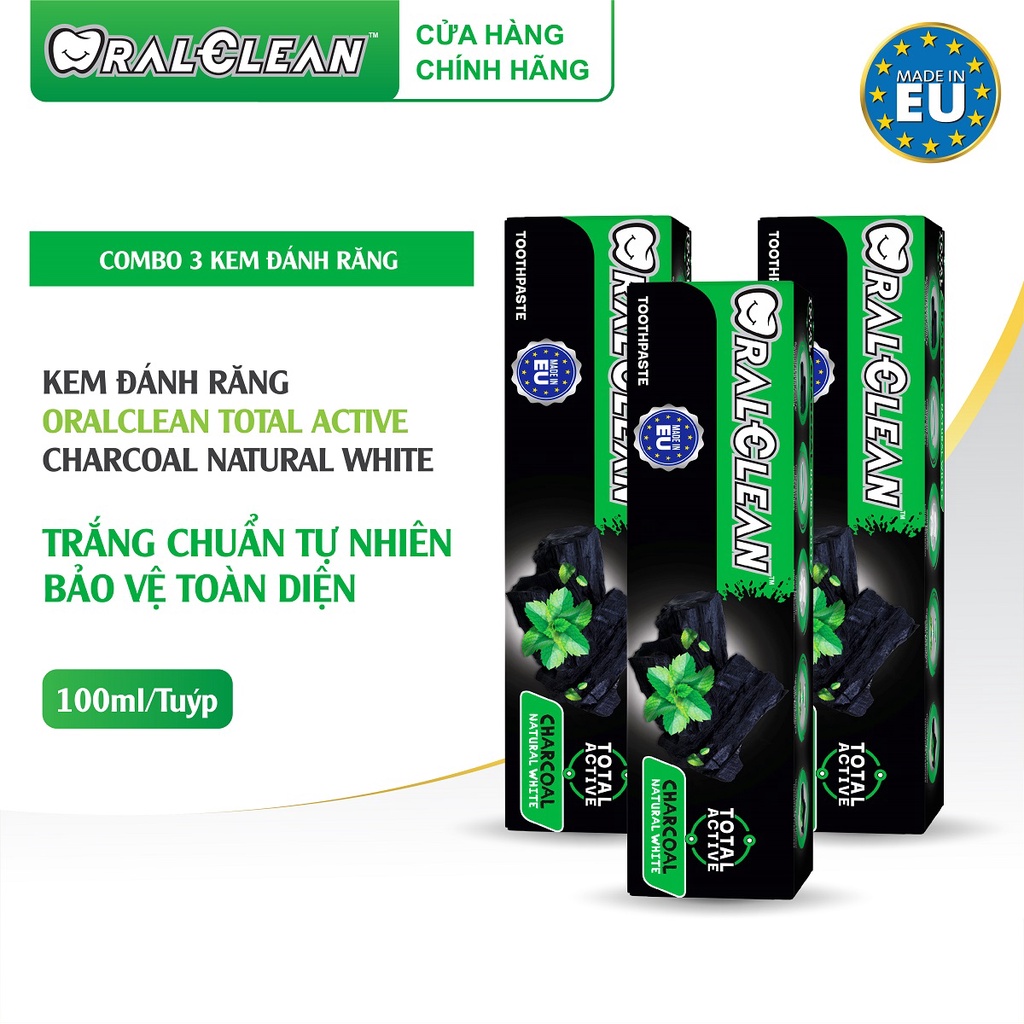 Bộ 3 Kem đánh răng Oral-Clean Total Active Charcoal Natural White 100ml