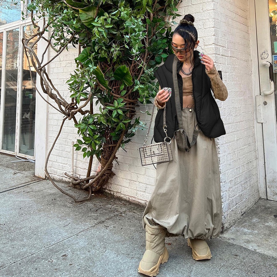 Kliou 2023 Mới Áo khoác Kliou không tay cổ cao dáng rộng phối khóa kéo thời trang 2022 thời trang mùa thu dành cho nữ