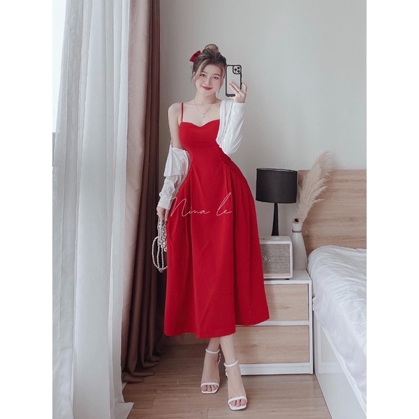 Đầm đỏ dáng đai kèm khoác gân trắng shop nina le