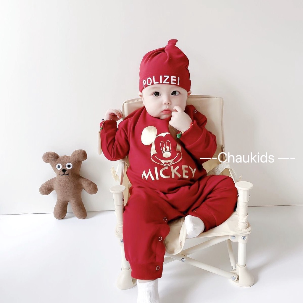 Body cho bé trai, bộ liền thân cho bé kèm mũ in hình Mickey dễ thương