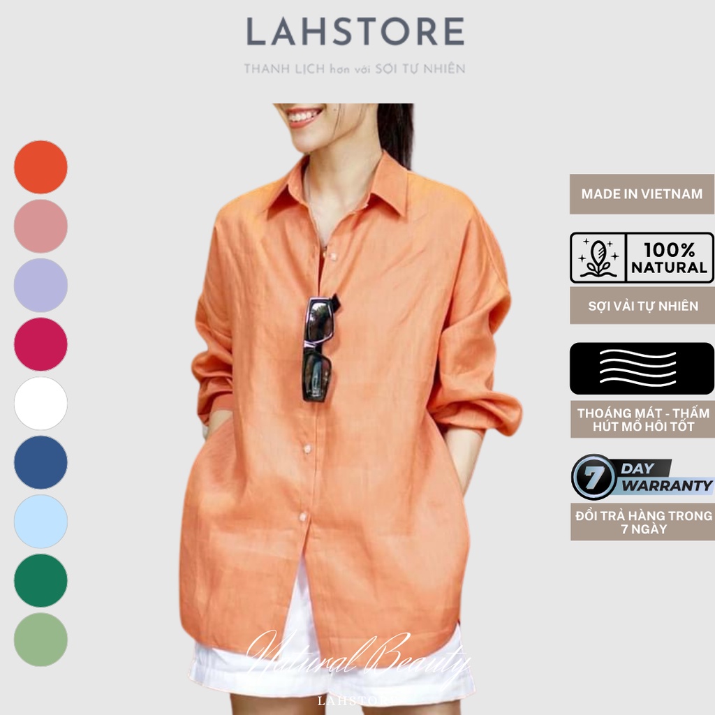 𝐋𝐀𝐇𝐒𝐓𝐎𝐑𝐄 | Áo sơ mi nữ form rộng tay dài vải linen premium nhiều màu (Cam)