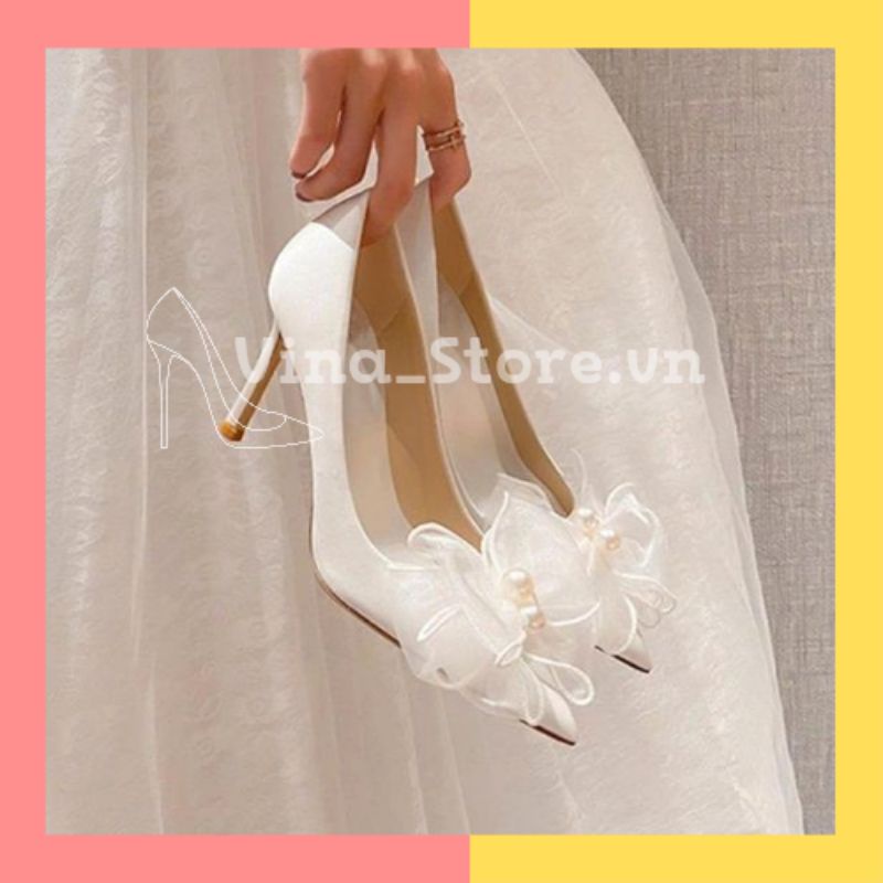 Giày cao gót bít mũi đế nhọn 7-9 phân đính nơ ngọc kiểu dáng basic hottrend 2023 VINA STORE mã H171