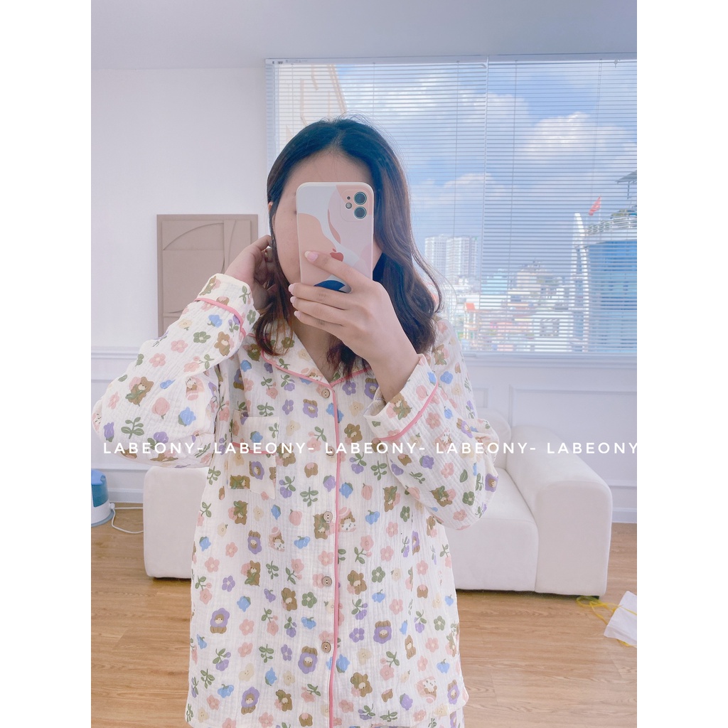 Đồ bộ nữ mặc nhà pijama ngắn dài tay gấu hoa nhí xô muslin dễ thương Labeony