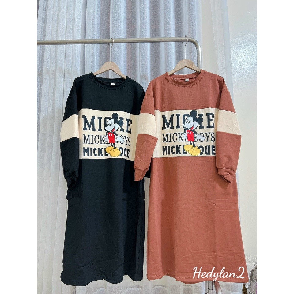 Váy bầu – Đầm bầu thu đông in họa tiết hoạt hình mickey chất nỉ da cá dài tay đẹp VD356