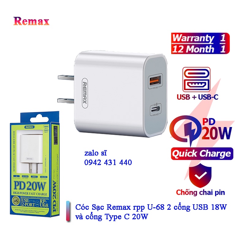 Củ sạc nhanh QC3.0 Remax RP-U68 PD 20W + Usb 18W