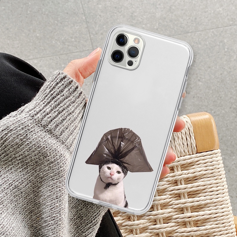 Ốp lưng iphone mèo đội túi hài hước ốp trong suốt bảo vệ camera 6/7plus/8/8plus/x/xr/xs/11/12/13/14/pro/max/plus/promax