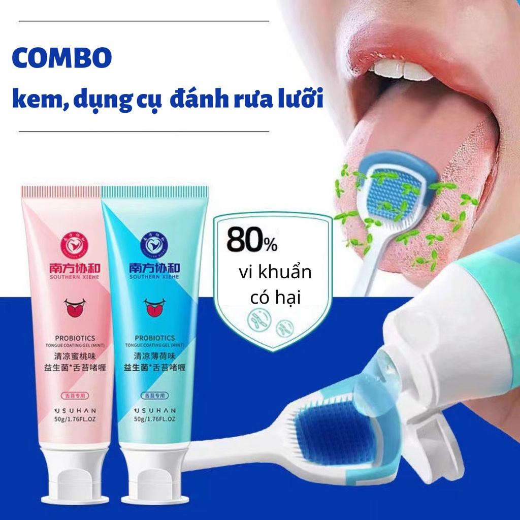 Combo KEM BÀN CHẢI đánh rưa lưỡi gel rưa lưỡi loại bỏ mảng bám làm sạch răng miệng nội địa Trung