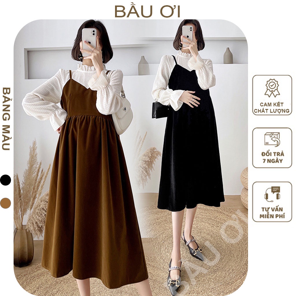 [BAUOII V143] SET VÁY BẦU NHUNG CÔNG SỞ PHỐI ÁO TRẮNG TAY PHỒNG ĐIỆU ĐÀ - ĐẦM BẦU TIỂU THƯ THU ĐÔNG SANG CHẢNH
